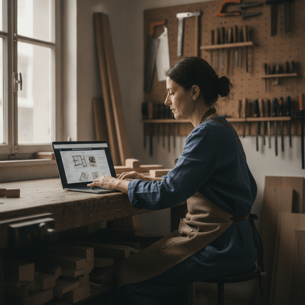 Artisan de Montreuil consultant le site web de son atelier sur un ordinateur portable, conception de site pour TPE