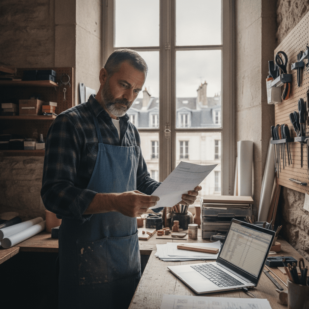Artisan à Saint-Denis examinant un devis de création de site internet sur son bureau avec un ordinateur portable