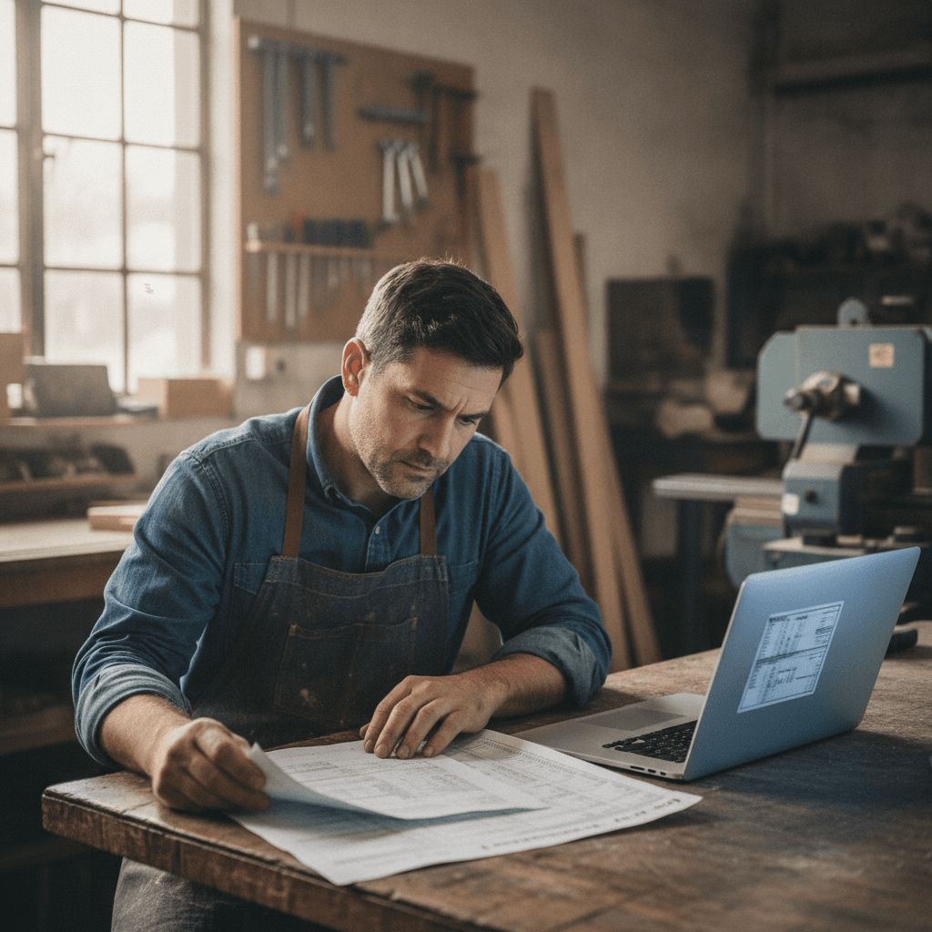 Artisan de Montreuil examinant un devis de site web sur un ordinateur portable dans son atelier