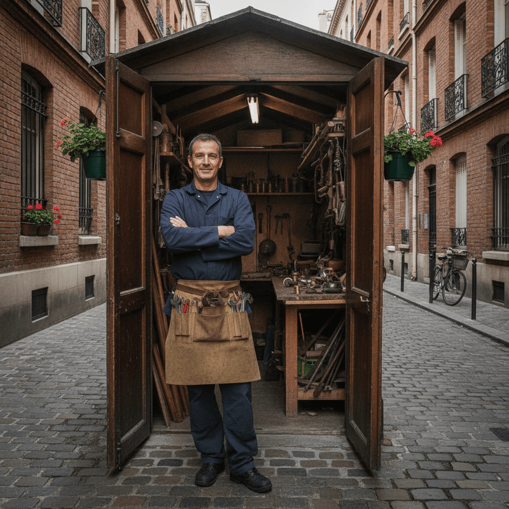 Artisan plombier devant un atelier de rue à Montreuil, illustrant le référencement local d'une TPE de quartier