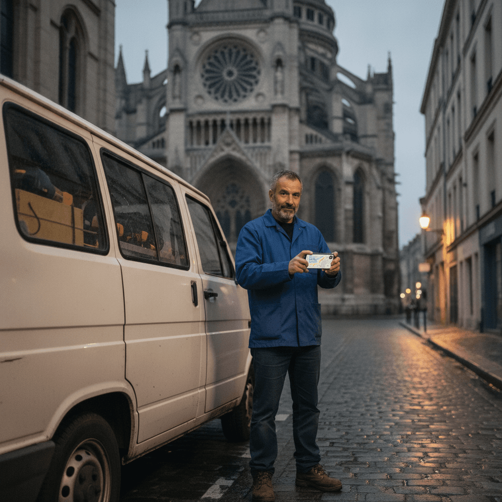 Artisan plombier de Saint-Denis consultant sa fiche d'entreprise sur smartphone devant sa camionnette, illustrant le référencement local
