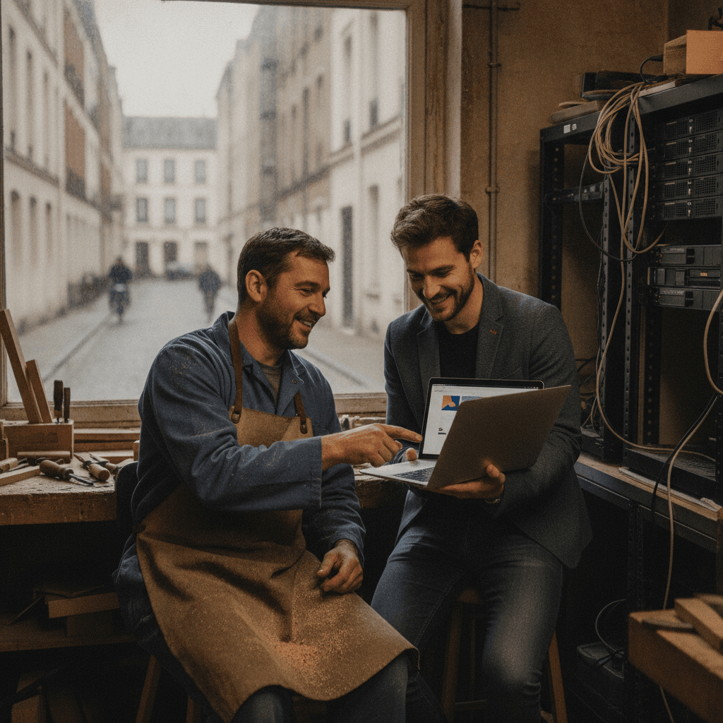 Artisan et webmaster échangeant devant un ordinateur pour créer un site internet à Saint-Denis